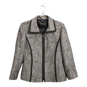 Tahari Wool Cotton Blend Textured Brown Pink Paisley Full Zip Jacket Collared 8